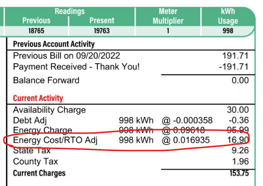 Energy Cost/RTO Adjustment